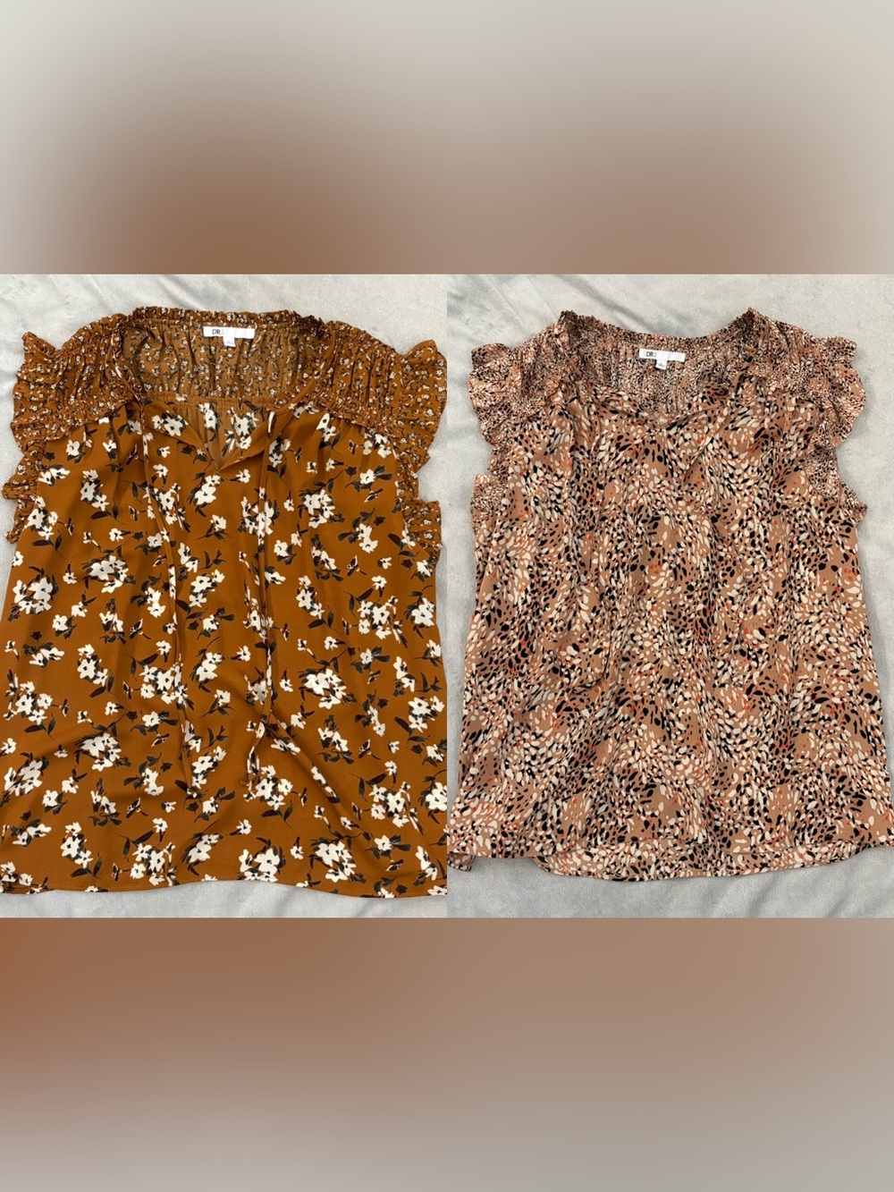 Lot of 2 DR2 size L boho tops - mustard floral ruffle and animal print blouses